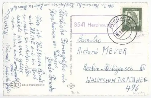 Landpoststempel mit PLZ, 3541 Herzhausen, 19.9.62