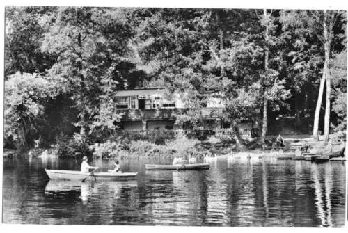 AK, Schleusingen Thür. Wald, HOG "Haus am See", Teich, Ruderboote, 1962