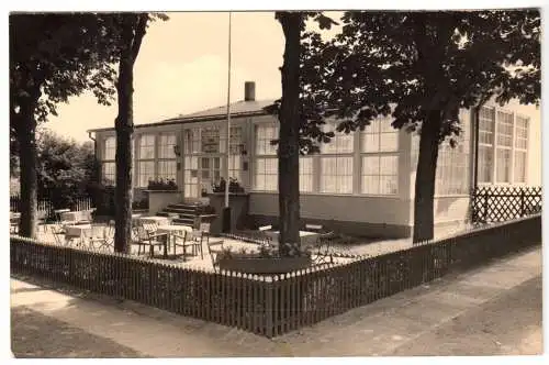 AK, Altenhof Werbellinsee, FDGB-Heim "Strandpavillion", Terrasse am See, 1962