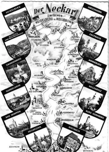 Ansichtskarte, Der Neckar zwischen Heidelberg und Heilbronn, 12 Abb. und Landkarte, um 1968