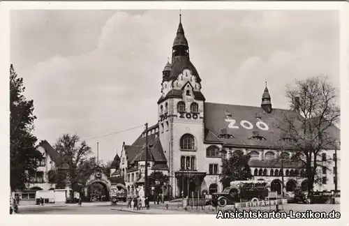 Foto Ansichtskarte Leipzig Zoo und Kiosk (Eingang) Omnib