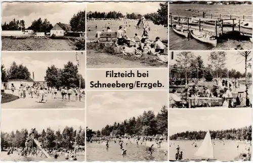 Neustädtel Schneeberg Erzgebirge Filzteich mit Rutsche, Badegäste, Mehrbild 1958