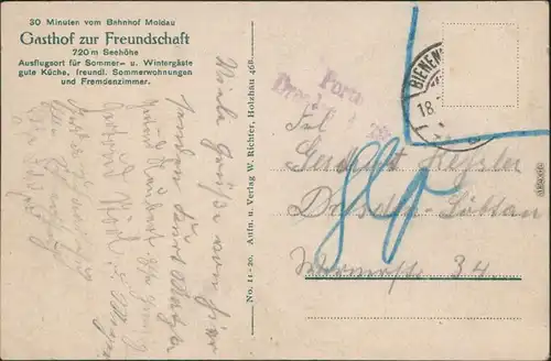 Moldau Moldava Gasthof zur Freundschaft Erzgebirge b Holzhau 1917