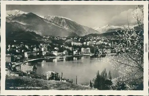 Ansichtskarte Lugano Panorama-Ansicht mit See und Bergmassiv 1930