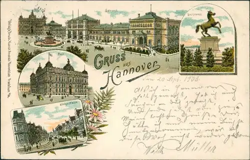 Litho AK Ansichtskarte Hannover Bahnhof, Post, Königsstraße, Sachsenroß 1903