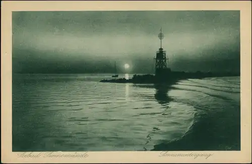 Postcard Swinemünde Świnoujście Mole, Kugelbake bei Mondschein 1929