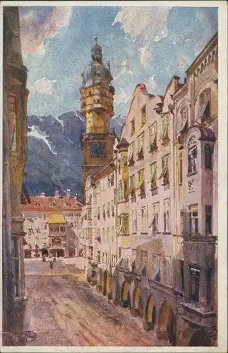 Innsbruck Künstlerkarte Herzog Friedrichstraße mit Goldenem Dachl 1921