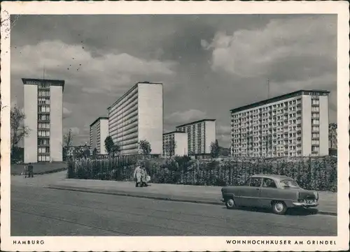 Hamburg Grindel Wohnviertel Hochhäuser Wohnhochhaus, altes Auto 1954