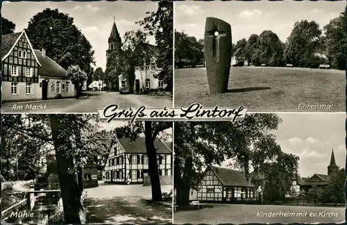 Lintorf-Ratingen Mühle, Markt, Ehrenmal, Kinderheim ev. Kirche 1966 Stempel