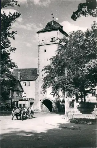 Ochsenfurt Pferde Fuhrwerk passiert Oberer Torturm, Echtfoto-AK Foto-Klose 1960