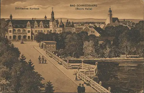Bad Schmiedeberg Kurhaus, Straße, Brücke gel. Lanpoststempel über Halle 1922