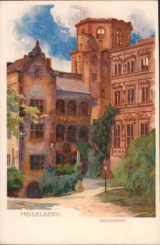 Sammelkarte Heidelberg Schloss-Hof, Künstlerkarte Künstler K. Mutter 1910