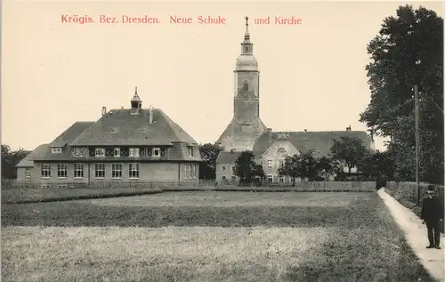 Ansichtskarte Krögis-Käbschütztal Schule, Straße und Kirche 1913