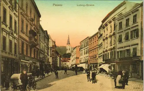 Ansichtskarte Passau Ludwigstraße belebt Geschäfte Fuhrwerk 1913