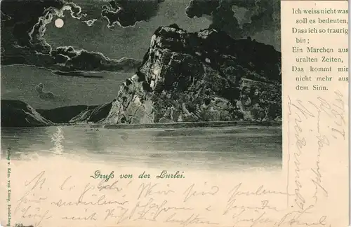 Ansichtskarte St. Goarshausen Loreleyfelsen am Rhein - Mondschein 1898