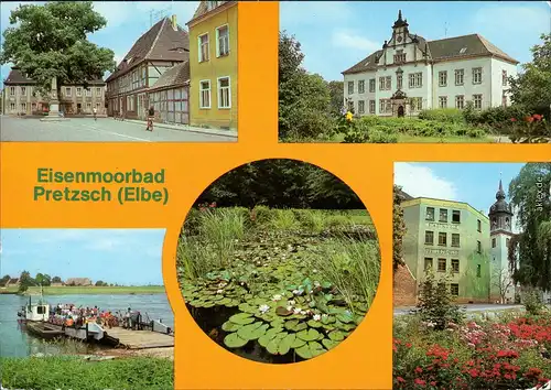 Pretzsch (Elbe)-Bad Schmiedeberg Markt, Kinderheim "Adolf Reichwein", ehem. Schloss, Elbfähre, Seerosenteich im Kurpark, Stadtmühle 1982