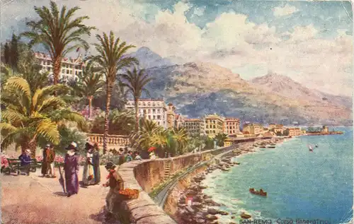 Menton Mentoun/ Mentone Künstlerkarte Strand Promenade 1932   gelaufen mit Stempel MENTON