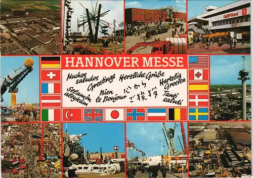 Hannover Messegelände Messe Mehrbild-AK mit div. Sprachen/Flaggen 1986