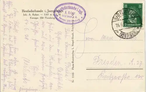 Bad Flinsberg Świeradów-Zdrój Heufuderbaude - Baudenstempel 1928