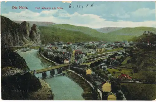 Bad Münster am Stein-Bad Münster am Stein-Ebernburg Stadtblick mit Nahe 1916