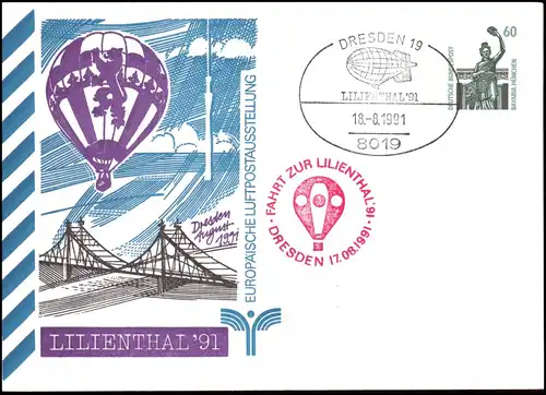 Dresden Luftfahrt-Ausstellung 1991 gel. als Ballonpost Ballon Stuttgart Stempel