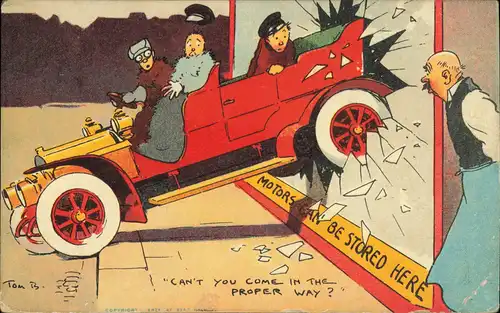 Scherzkarte Künstlerkarte Auto CANT YOU COME IN THE PROPER WAY? 1914