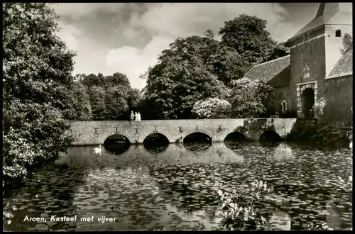 Postkaart Arcen Kasteel met vijver, Fluss Brücke 1960