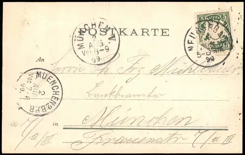 Neuburg (Donau) Stadtpartie u. Schloß 1899  Ankunftsstempel München