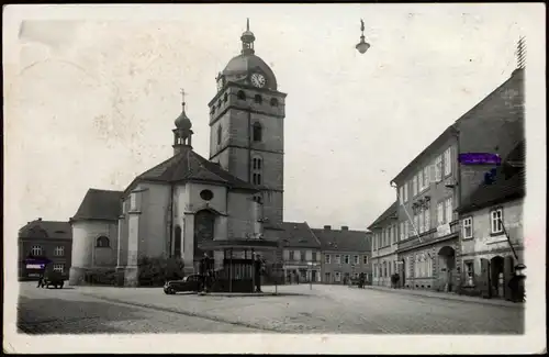 Postcard Görkau Jirkov Markt, Tankstelle 1940  gel. Roter Zensurstempel 1949