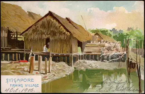 Postcard Singapur FISHING VILLAGE (Künstlerkarte Art Postcard) 1906