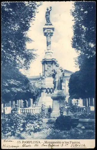 Postales Pamplona Monumento a los Fueros 1920   Misch-Frankatur mit rotem Zudruck