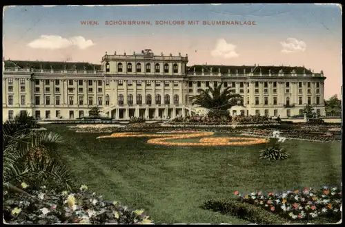 Ansichtskarte Hietzing-Wien SCHÖNBRUNN SCHLOSS MIT BLUMENANLAGE 1910