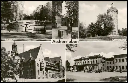 Aschersleben DDR Mehrbildkarte mit 4 Ortsansichten u.a. Bahnhof, Rathaus 1962