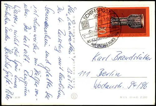 Ostseereise Urlauberschiff MS Völkerfreundschaft 1972  gel. Schiffspoststempel