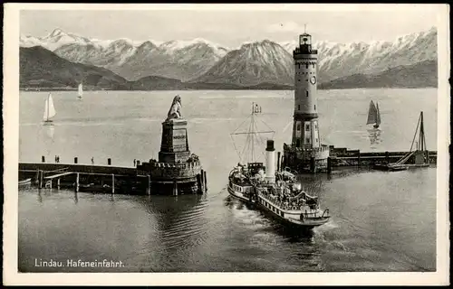 Ansichtskarte Lindau (Bodensee) Hafeneinfahrt - Dampfer 1928