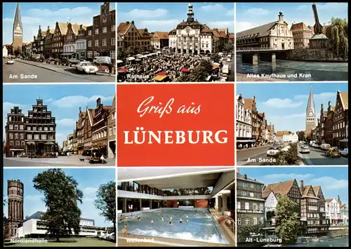 Lüneburg Mehrbild-AK mit Nordlandhalle, Wellenbad, Am Sande, Altes Kaufhaus 1980