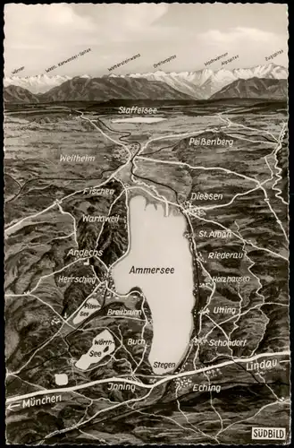 .Bayern Ammersee Reliefkarte Umland, Orte und Fernblick Berge 1958