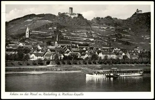 Kobern-Gondorf Panorama-Ansicht Kobern Mosel Fahrgastschiff passierend 1957