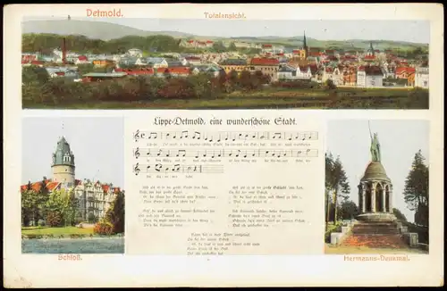 Detmold 3-Bild-Karte Totalansicht, Schloss, Denkmal, Lied-Text/Noten 1968/1920