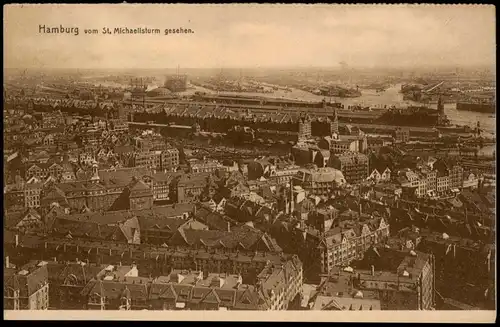 Ansichtskarte Hamburg vom St. Michaelisturm gesehen, Hafen Gasometer 1919