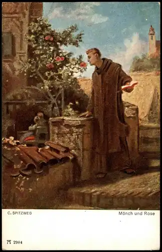 Künstlerkarte Künstler Maler C. SPITZWEG Mönch und Rose 1920