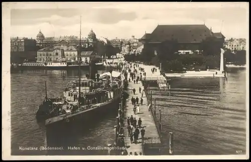 Konstanz Bodensee Hafen u. Conziliumsgebäude, Schiff Anlegestelle 1933