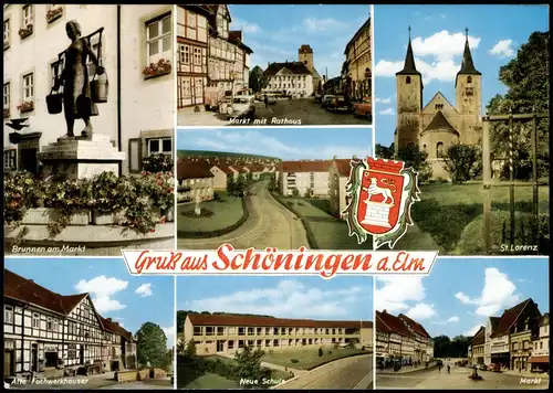 Schöningen (Elm) Mehrbild-AK Ortsansichten, u.a. Markt, Rathaus, Kirche,  1974