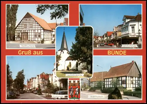 Bünde Mehrbild-AK mit Bücherei, Bahnhofstr., Tabak-Museum uvm. 1980