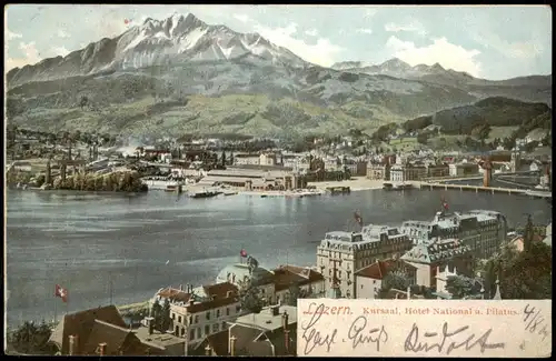 Luzern Lucerna mit Kursaal, Hotel  Pilatus 1904  Bernburg (Ankunftsstempel)