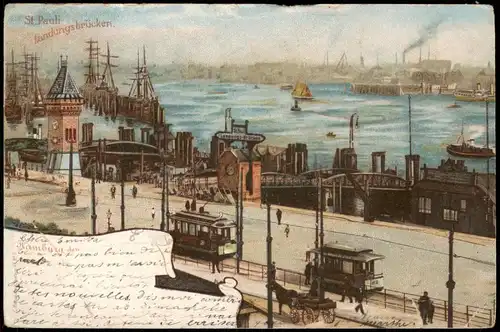 Altona-Hamburg Hafen Landungsbrücken Partie, Künstlerkarte 1900