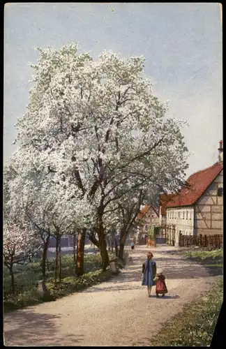 Ansichtskarte  Stimmungsbild: Frühling Baumblüte Kinder Dorfpartie 1914