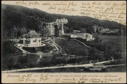 Marienbad Mariánské Lázně Blick St Georg, Café Bellevue, Café Schweizerhof 1905