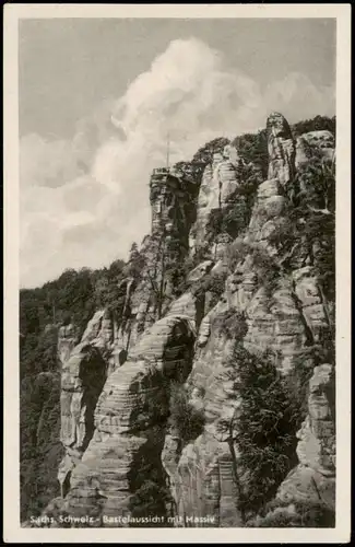 Ansichtskarte Rathen BASTEI Sachs. Schweiz. Basteiaussicht mit Massiv 1954