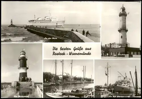 Ansichtskarte Warnemünde-Rostock MB: Molenkopf, Leuchtturm, Fähre 1977